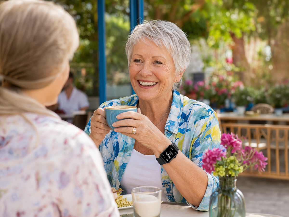 Senior woman wearing the VitalALERT smartwatch while having coffee with a friend