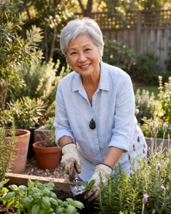 Smiling senior woman wearing a VitalALERT pendant in her garden