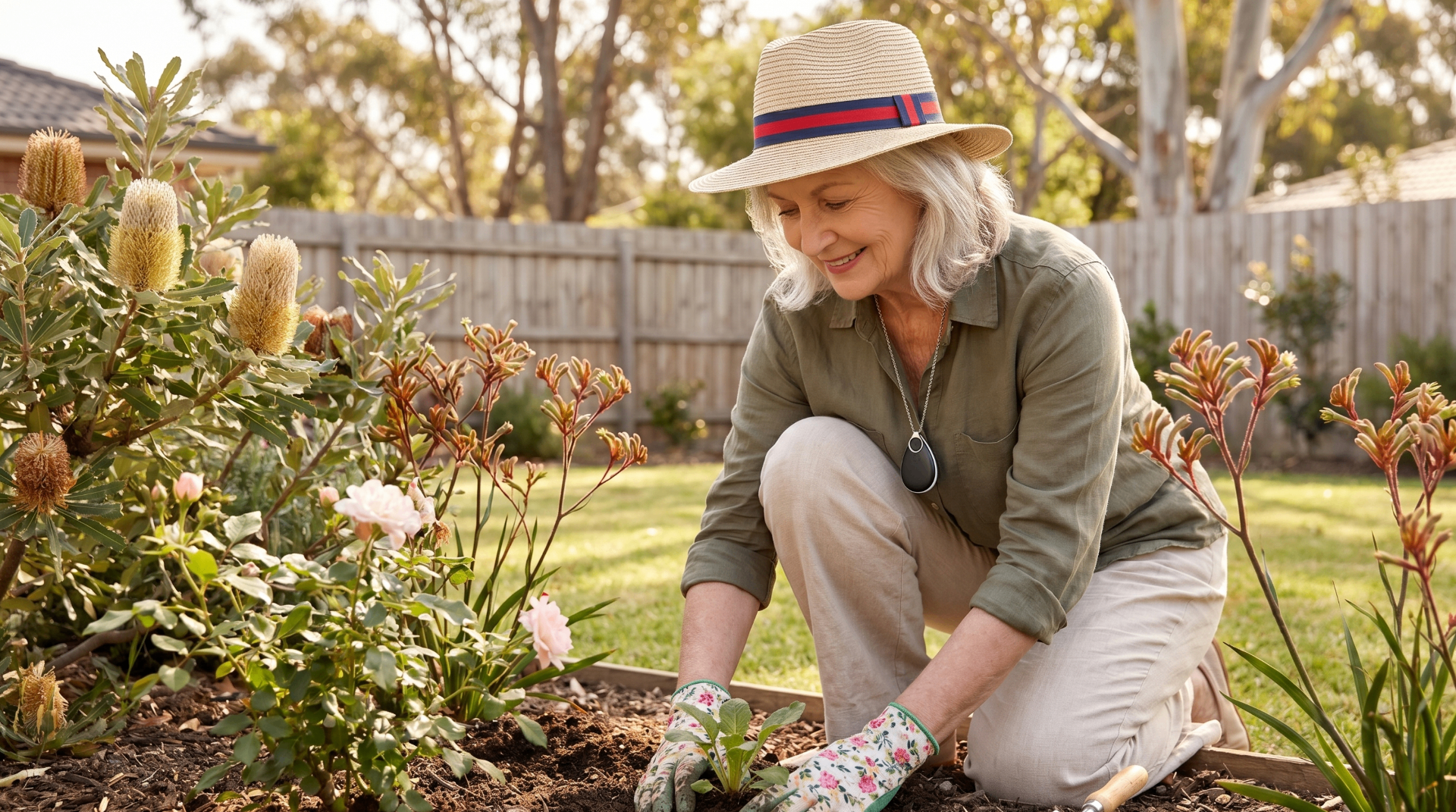 Active senior wearing a VitalALERT pendant outdoors